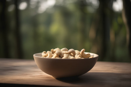 Cashew nuts in a bowl on wooden table with natural background.の素材