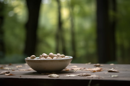 Coffee beans in a bowl on a wooden table in the forestの素材