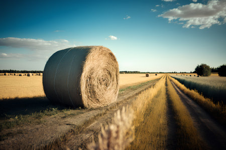 Agricultural landscape with bales of hay on the field.の素材