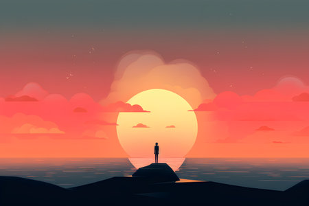 Illustration of a man standing on the top of a mountain and looking at the sunsetの素材