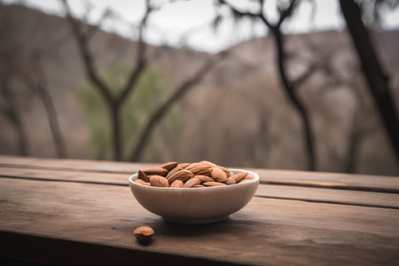 Almond in a bowl on a wooden table with nature background.の素材