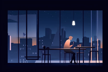 Man working on laptop at night in the office. Vector illustration.の素材