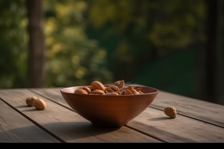 Almond nuts in a clay bowl on a wooden table with blurred backgroundの素材
