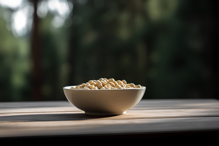 Peanuts in a white bowl on a wooden table in the forestの素材
