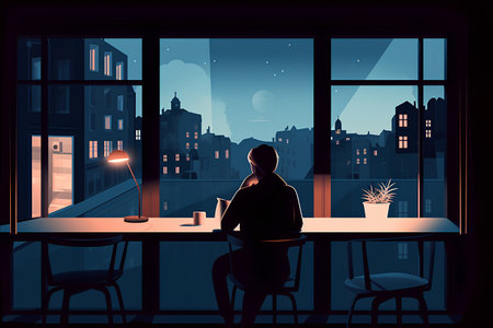 Silhouette of a man sitting in a cafe by the window and looking at the night cityの素材