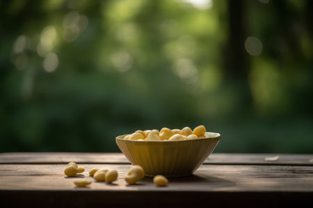Macadamia nuts in a bowl on a wooden table in the gardenの素材