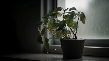 Little plant in a pot on the windowsill with drops of waterの素材
