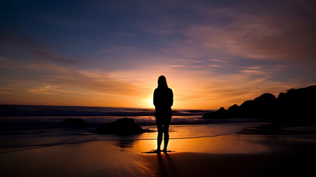 Silhouette of a woman standing on a beach at sunset.の素材