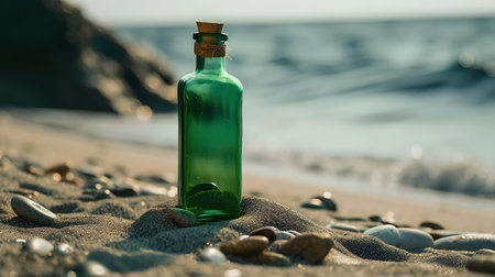 Message in a bottle on the beach. Selective focus on the bottleの素材