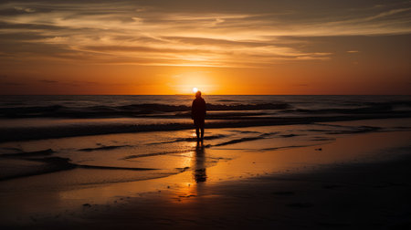 Silhouette of a man walking on the beach at sunset.の素材