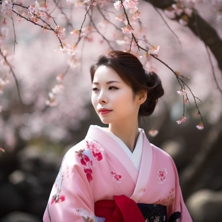 Beautiful asian woman in kimono and cherry blossomの素材
