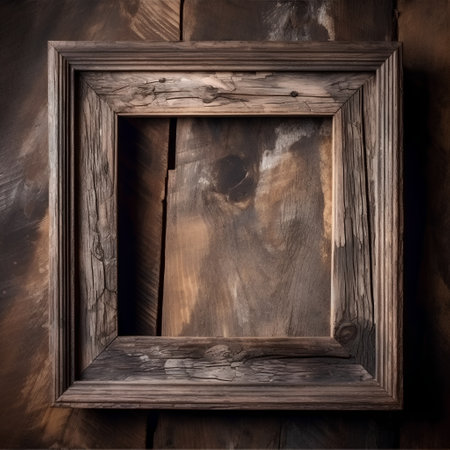 Old wooden photo frame on grunge wooden wall. Template for designの素材