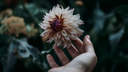 Hand holding a dahlia flower, shallow depth of field.の素材