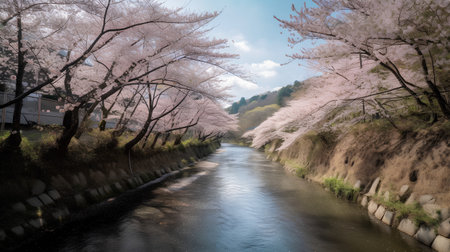 Cherry blossoms in full bloom along the river  in Kyoto, Japanの素材