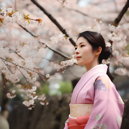 Japanese woman and cherry blossom in Tokyo, Japan (asian model)の素材