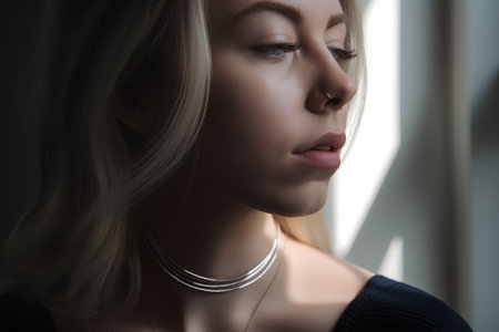 Portrait of a beautiful girl with long blond hair and professional makeupの素材