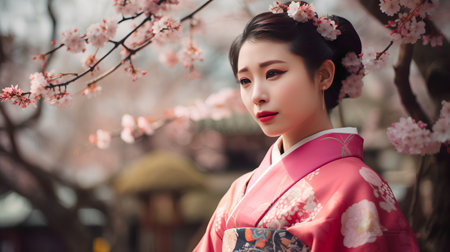 Beautiful asian woman in kimono with cherry blossomの素材