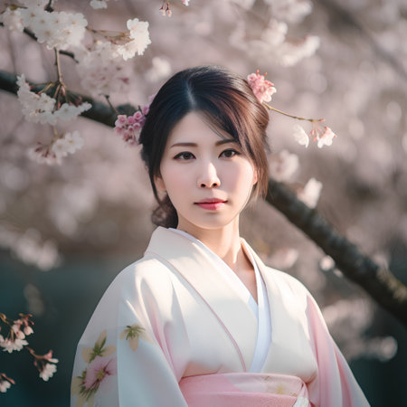 beautiful asian japanese woman with sakura blossomの素材
