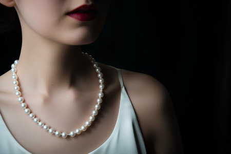 beautiful woman with pearl necklace on black background, closeup portraitの素材