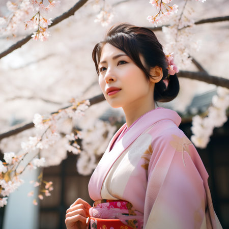 Beautiful Japanese woman with sakura cherry blossom and sakuraの素材