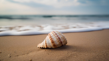 Seashell on the beach with sea wave and sand background.の素材