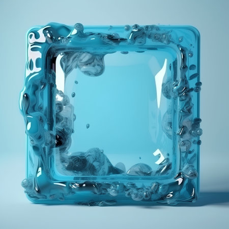 Blue ice cube on blue background. 3d rendering. Square block.の素材