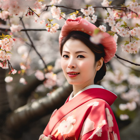 Beautiful asian woman in kimono and cherry blossomの素材