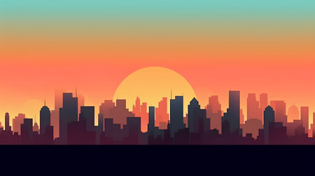 Vector illustration of a city skyline at sunset with sun in the skyの素材