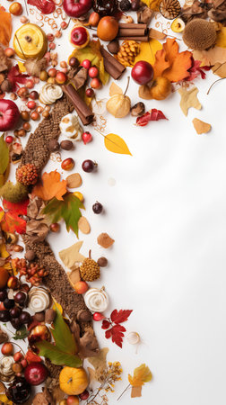 Autumn composition. Frame made of autumn leaves, berries, nuts and spices on white background. Flat lay, top view, copy spaceの素材