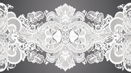 Seamless white lace border on gray background. Vector illustration.の素材