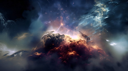 Fantasy landscape with planet and nebula in space. 3d illustrationの素材