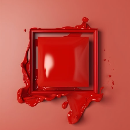 3d render of red paint splash with square frame on red backgroundの素材