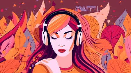 Beautiful girl listening to music in headphones. Autumn background. Vector illustration.の素材