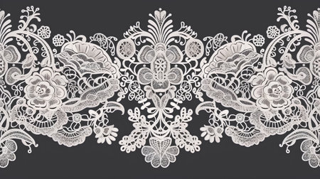 Seamless white lace border on black background. Vector illustration.の素材