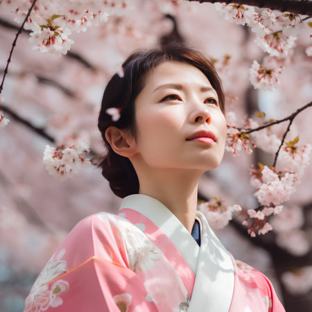 Japanese woman with sakura cherry blossom and sakura flower backgroundの素材