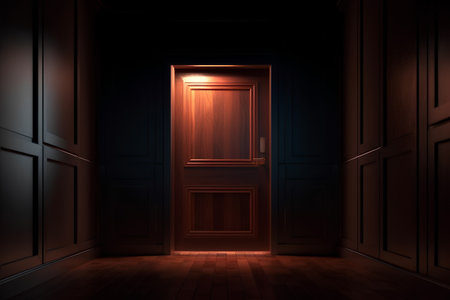 dark room with wooden doors and light coming from the end of itの素材