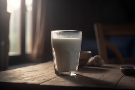 A glass of milk on a wooden table in a restaurant. Selective focus.の素材