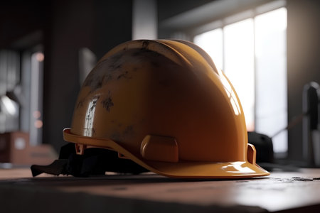 Hard hat on a table in a factory, shallow depth of fieldの素材