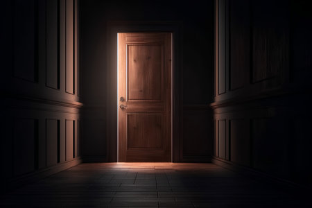 Dark room with wooden door and light coming from the end, 3d renderの素材
