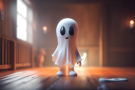 ghost on the wooden floor at night. 3d render illustration.の素材