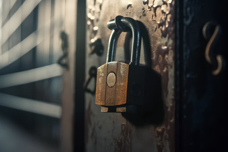 Old padlock on the door. Vintage style. Selective focus.の素材
