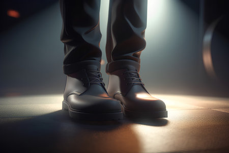 Man's legs in black leather shoes on a dark background. 3d renderingの素材