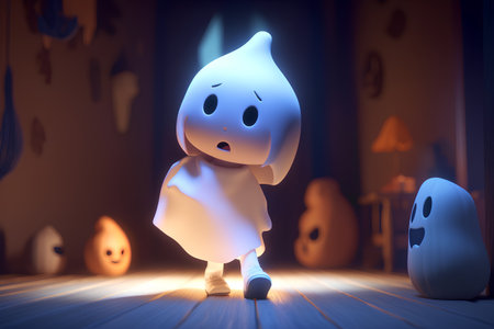 Halloween concept. Cute little boy in costume of ghost. 3D renderingの素材
