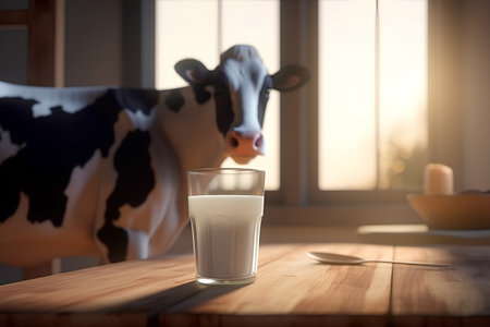 A glass of milk on a wooden table with a cow in the backgroundの素材