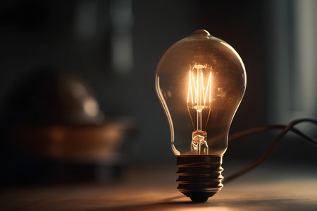 Incandescent light bulb on a wooden table with a blurred backgroundの素材