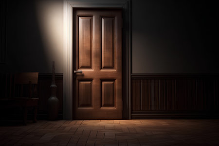 Wooden door in dark room, 3d render, square imageの素材