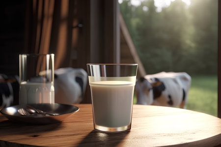 Glass of milk on wooden table in front of blurred background of cowsの素材