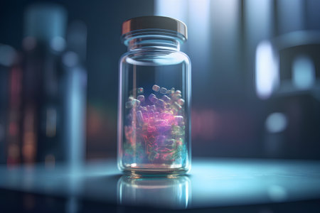 Vial with DNA on a dark background. 3d rendering.の素材
