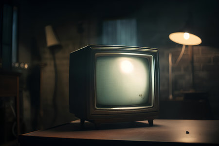 Retro TV on the table in the dark room, vintage styleの素材
