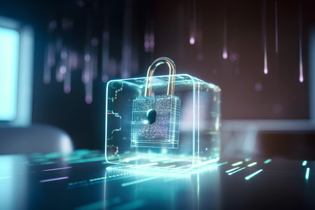 Cyber security concept with padlock on dark background 3D renderingの素材